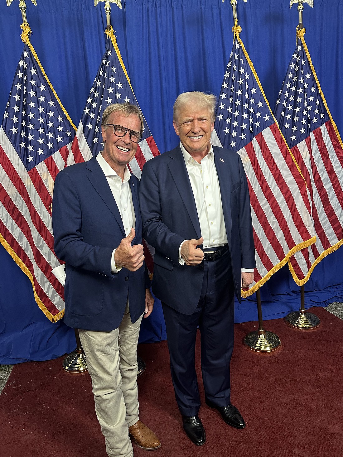 Ambassador Kip Tom (L), Leesburg, is pictured meeting with former president and Republican candidate for U.S. president Donald Trump (R) Saturday in Butler, Pa. Photo Provided By Kip Tom