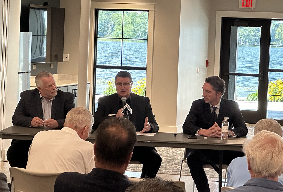 The economic development panel at the U.S. 30 Summit included (L to R) Chris Graham, Steel Dynamics; Bill Konyha, Regional Chamber of Northeast Indiana; and Ivan Tornos, Zimmer Biomet. Photo by David Slone, Times-Union