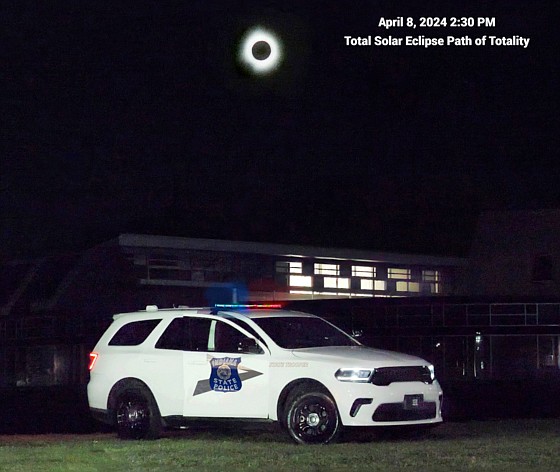 The Indiana State Police submitted a photo for the Best Cruiser Contest taken in Indianapolis during the solar eclipse in April. The photo of their Dodge Durango was taken during “totality.” Photo Provided.