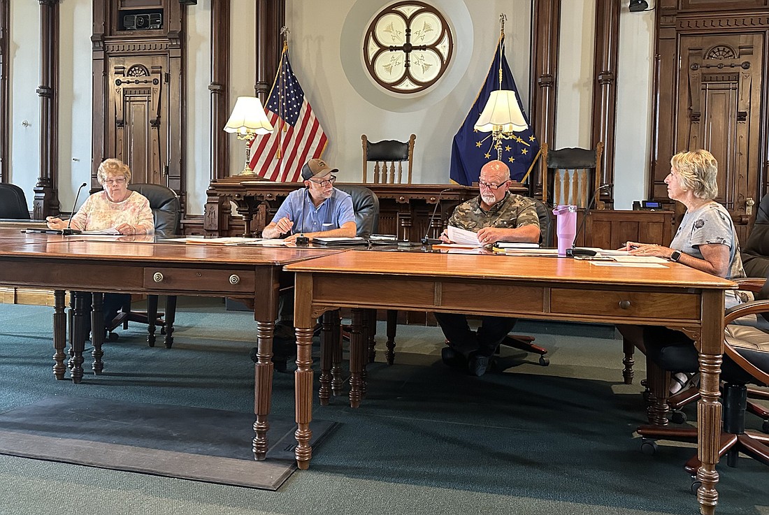 Kosciusko County Administrator Marsha McSherry (R) explains the county’s American Rescue Plan Act (ARPA) funding requests to the county ARPA committee, which includes (L to R) Councilwoman Sue Ann Mitchell, Commissioner Cary Groninger and Council President Mike Long. Photo by David Slone, Times-Union