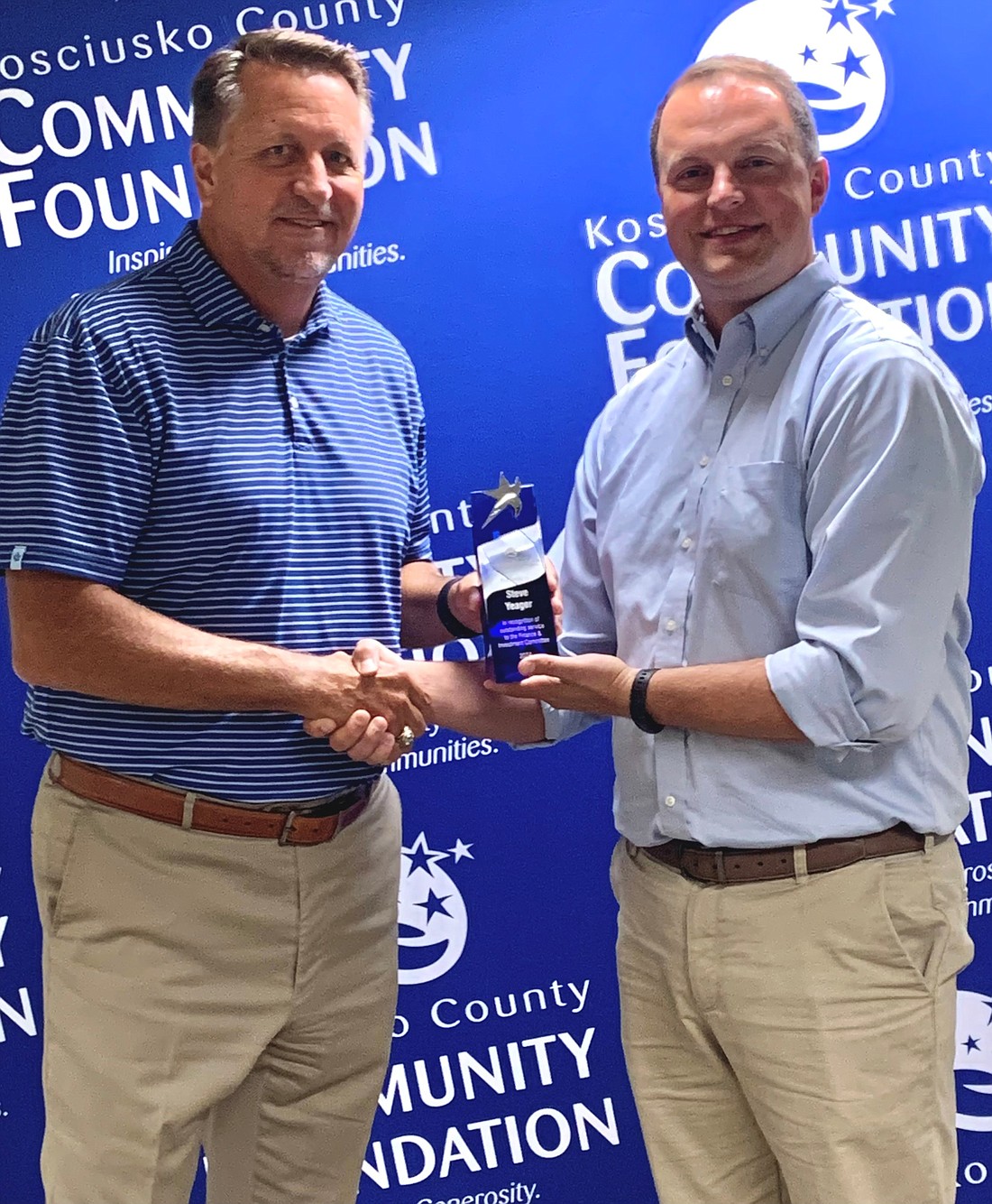 Pictured (L to R) are Steve Yeager and Dan Stichter, finance chair at the Kosciusko County Community Foundation. Photo Provided.