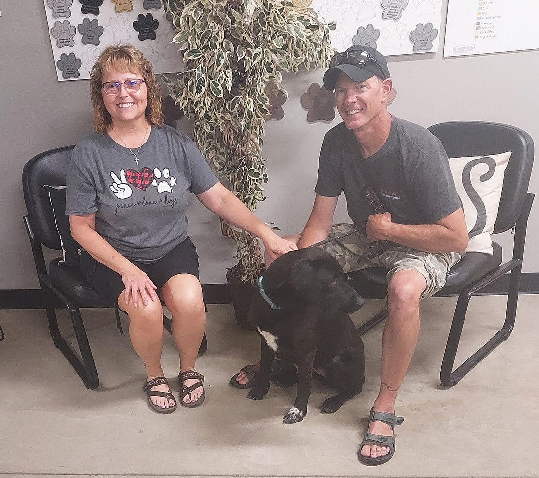 Pictured are Lisa and Travis Edgar. Travis adopted Meadow during the Animal Welfare League’s second Birthday Bash Saturday. Photo by Jackie Gorski, Times-Union