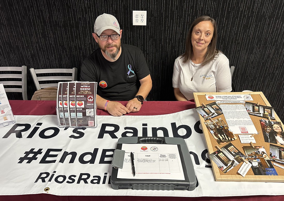 Speakers at Saturday’s Bowling Against Bullying were (L to R) Aaron Ball, co-founder of Rio’s Rainbow, and Rachel Van Alstine, Parent Coalition for Child Safety and Wellness. Photo by David Slone, Times-Union