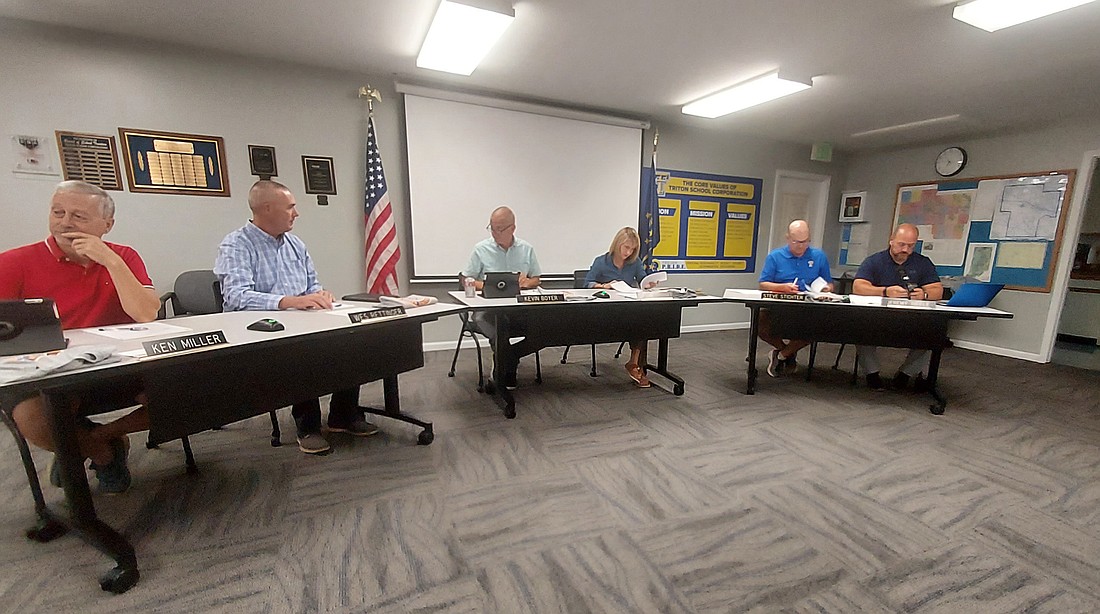 Pictured (L to R) are Triton School Board members Ken Miller, Wes Rettinger, Kevin Boyer, Terri Barnhart and Steve Stichter and Superintendent Jeremy Riffle. Photo by Jackie Gorski, Times-Union