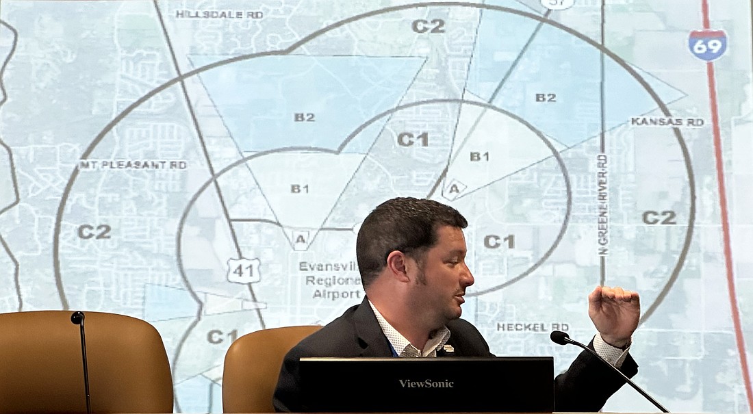 Warsaw Municipal Airport Manager Nick King explains how an Airport Overlay District works to the Warsaw Board of Aviation Commissioners Tuesday, using the AOD for Evansville (on screen in background). Photo by David Slone, Times-Union