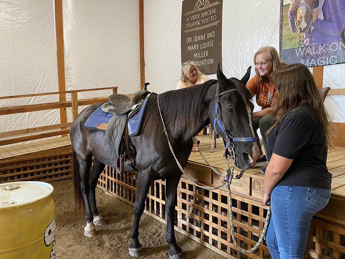 Lisa Owens, Warsaw, got to ride a horse again on Monday, Aug. 12, thanks to Magical Meadows. Owens, who’s battling terminal cancer, rode Rocky at the therapeutic riding facility at 3386 E. 525N, Warsaw. Here Owens (C) interacts with Rocky before her ride. On the left is Magical Meadows founder Tammy Stackhouse, with volunteer Jalynn Rucker also shown. Photo by Leah Sander, InkFreeNews