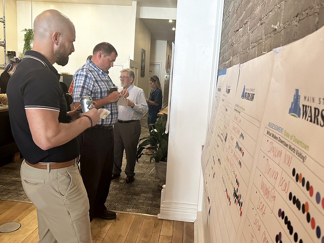 Ben Rice (L) and Cameron Plew (R) put sticker dots on statements regarding downtown Warsaw that they agree with Wednesday afternoon at Main Street Warsaw’s Community Open House at The Vic. Photo by David Slone, Times-Union