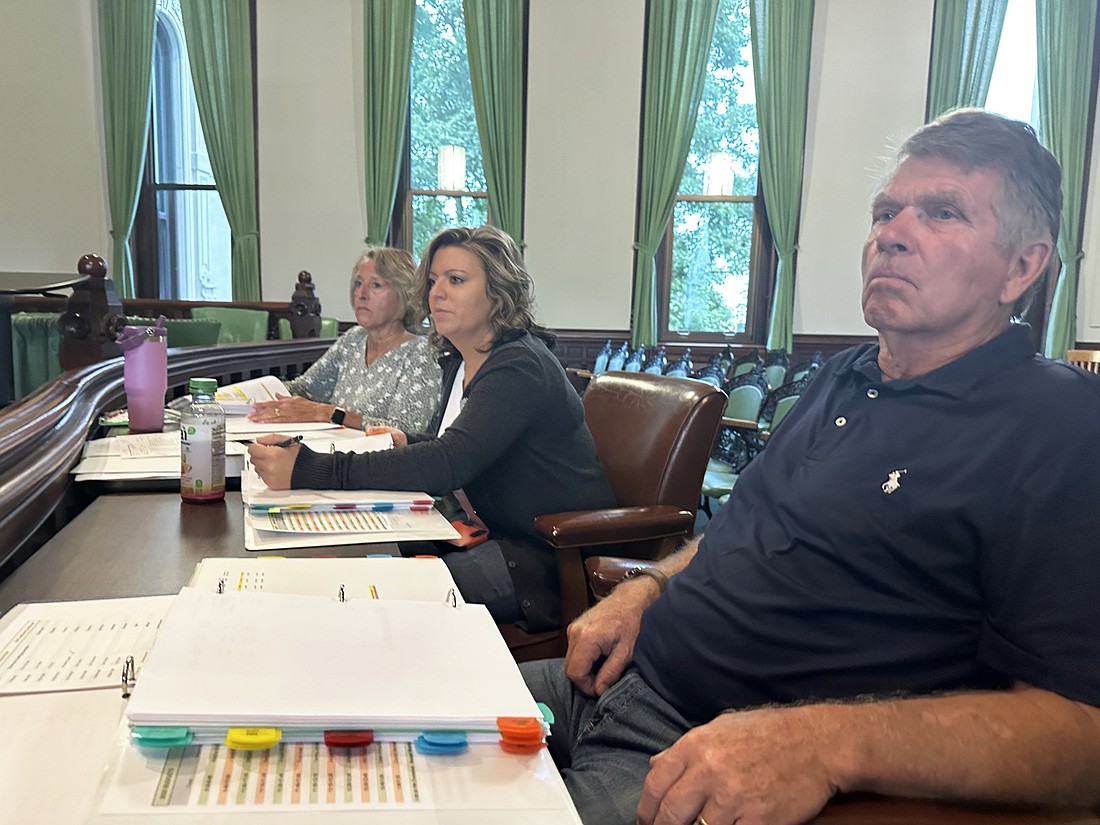 Listening Thursday to the Kosciusko County Council discussions on the proposed 2025 budgets are (L to R) County Administrator Marsha McSherry and Republican candidates for county council at-large Rachael Rhoades and Delynn Geiger. Photo by David Slone, Times-Union