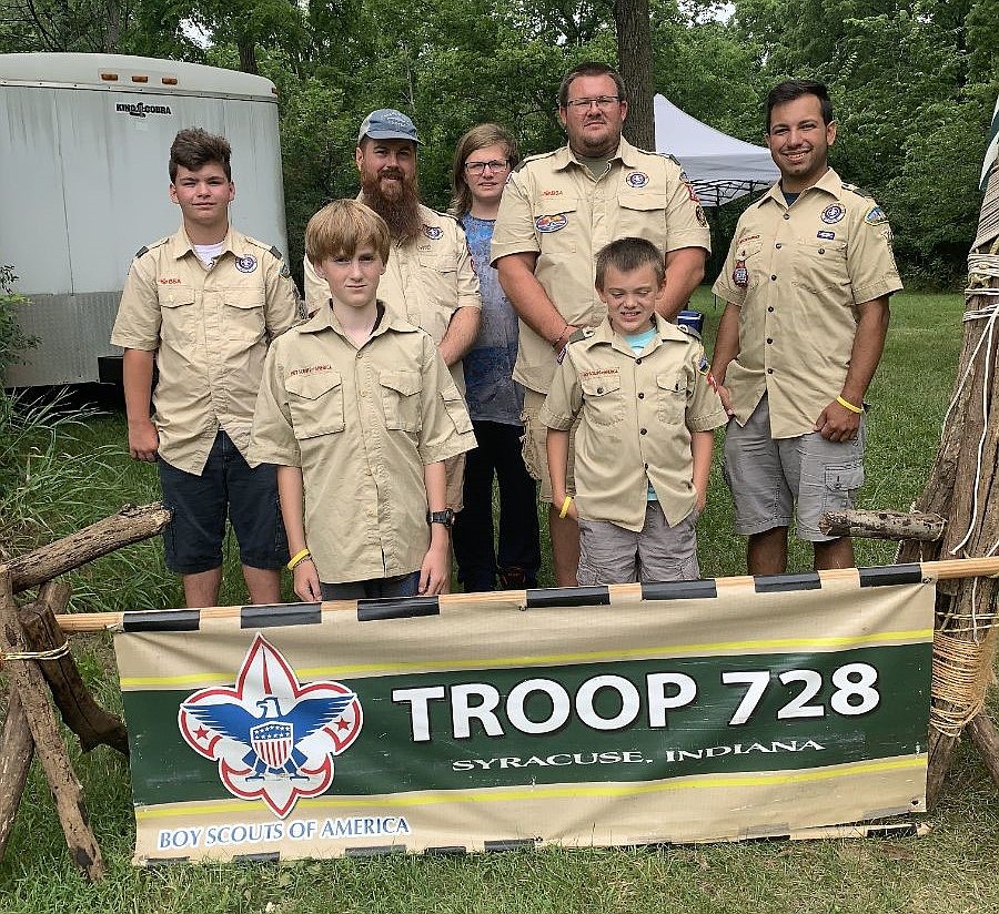 Scouts from Syracuse Troop 728 pose for a photo at Camp Chief Little Turtle this summer. Pictured (L to R) are, front row: Trent Ritter and Even Scott; back row: Nate Gillam, Scoutmaster Trevor Ritter, Bently Truman, leaders Greg Scott and Matheus Vaz. Photo Provided.