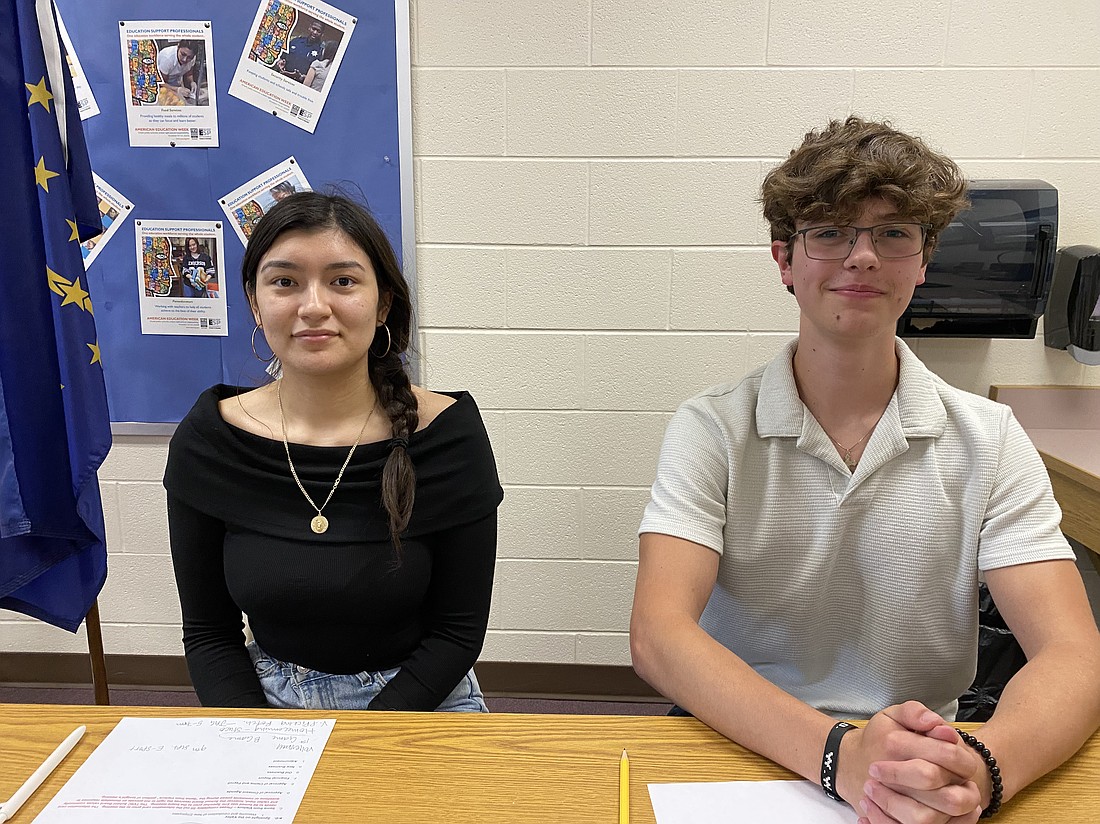 Student representatives for the Tippecanoe Valley School Board for the 2024-25 year are senior class representative Marisol Gonzalez-Ramirez (L) and junior class representative Jacob Scacco. They are shown at the TVSC Board meeting on Monday at Mentone Elementary School. Photo by Leah Sander, InkFreeNews