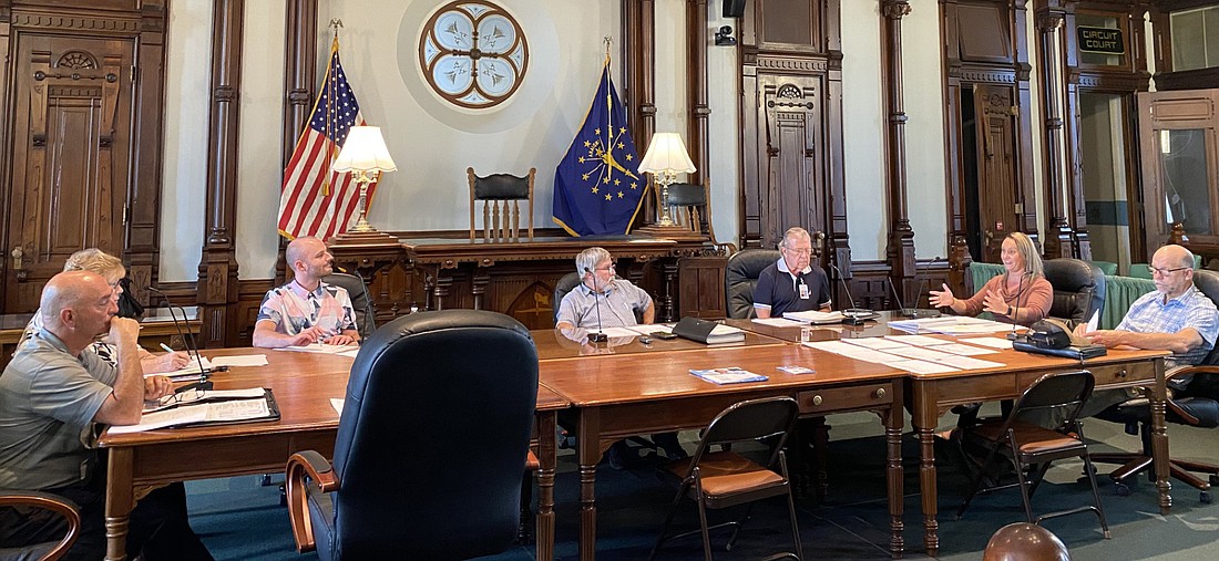 Pictured at the Health First Kosciusko Advisory Committee meeting on Wednesday are (L to R): Committee members Rich Haddad, Sue Ann Mitchell and Alex Hall; Committee Chair Dr. Dennis Woodward; Health First Kosciusko Coordinator Kurt Carlson; Health First Kosciusko Administrative Assistant Liz McCullough; and Committee member Cary Groninger. Photo by Leah Sander, InkFreeNews