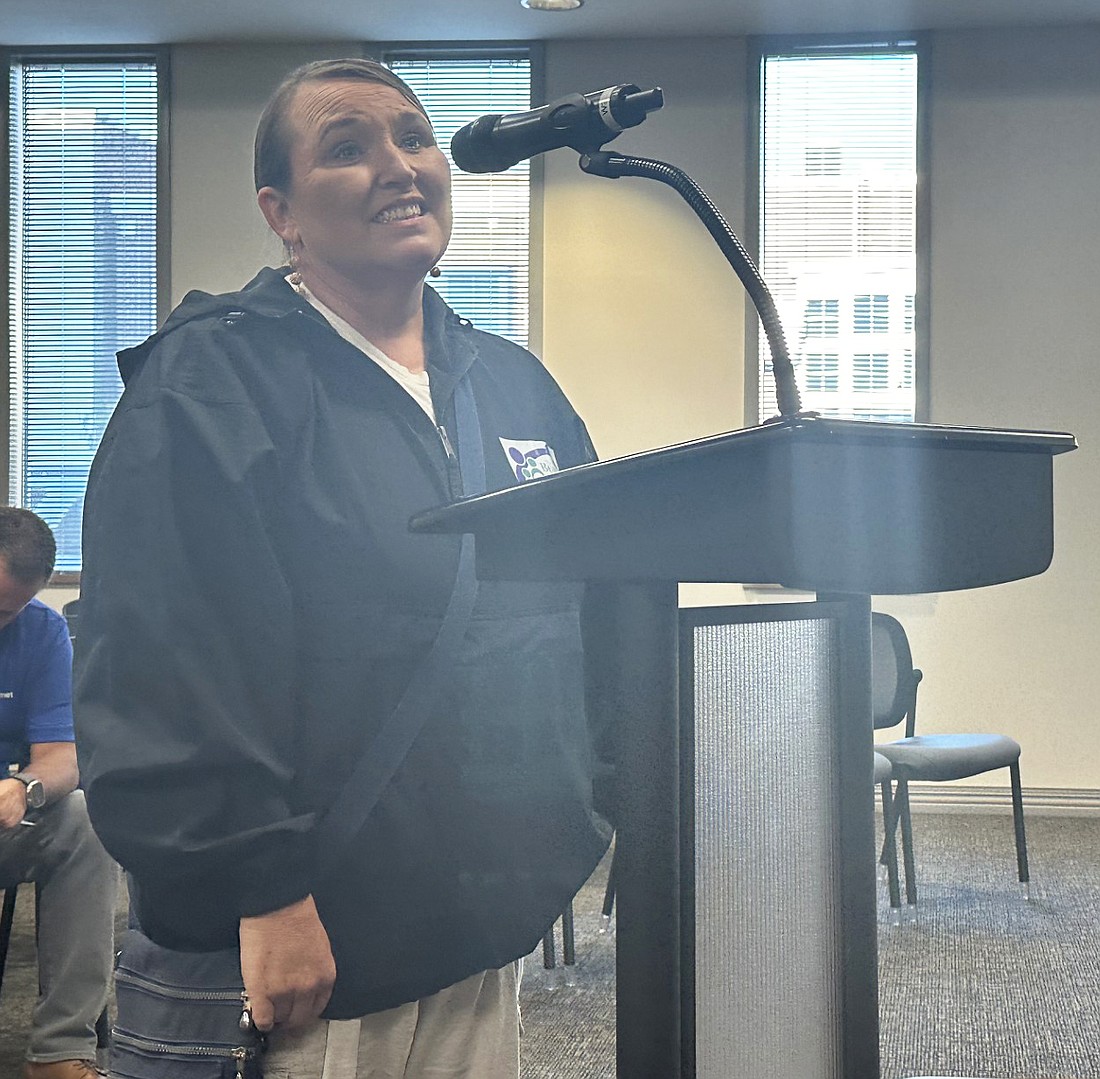 Beaman Home Interim Executive Director April Slone speaks to the Warsaw Common Council on Tuesday about the shelter’s roofing project. Photo by David Slone, Times-Union