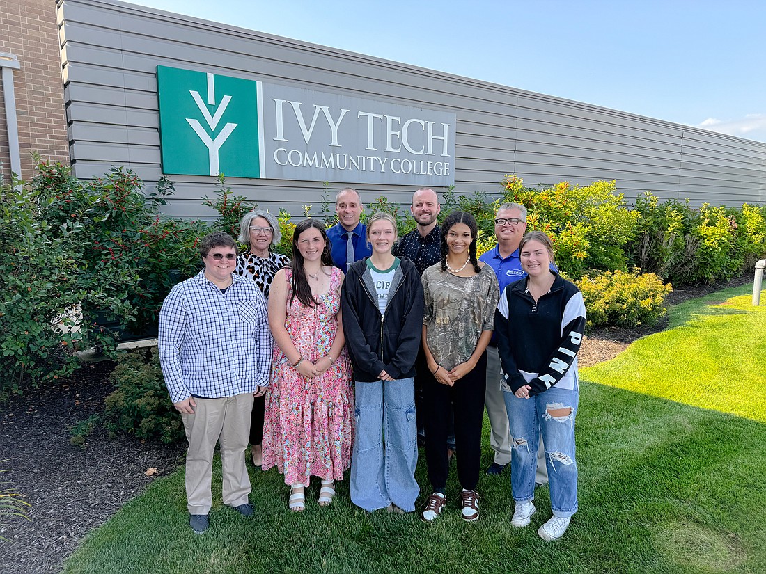 Pictured (L to R) are, front row: Carrie Fry-Miller, instructor; Corissa Kneppler, student; Liberty Marsillett, student; Nekiana Hamilton, student; Hannah Bencze, student; back row: Sherry Searles, LaunchPad director; Ben Barkey, Warsaw Area Career Center principal; Alex Hall, Kosciusko County Community Foundation, vice president of programs; Rob Parker, Kosciusko Chamber of Commerce, president and CEO. Photo Provided.