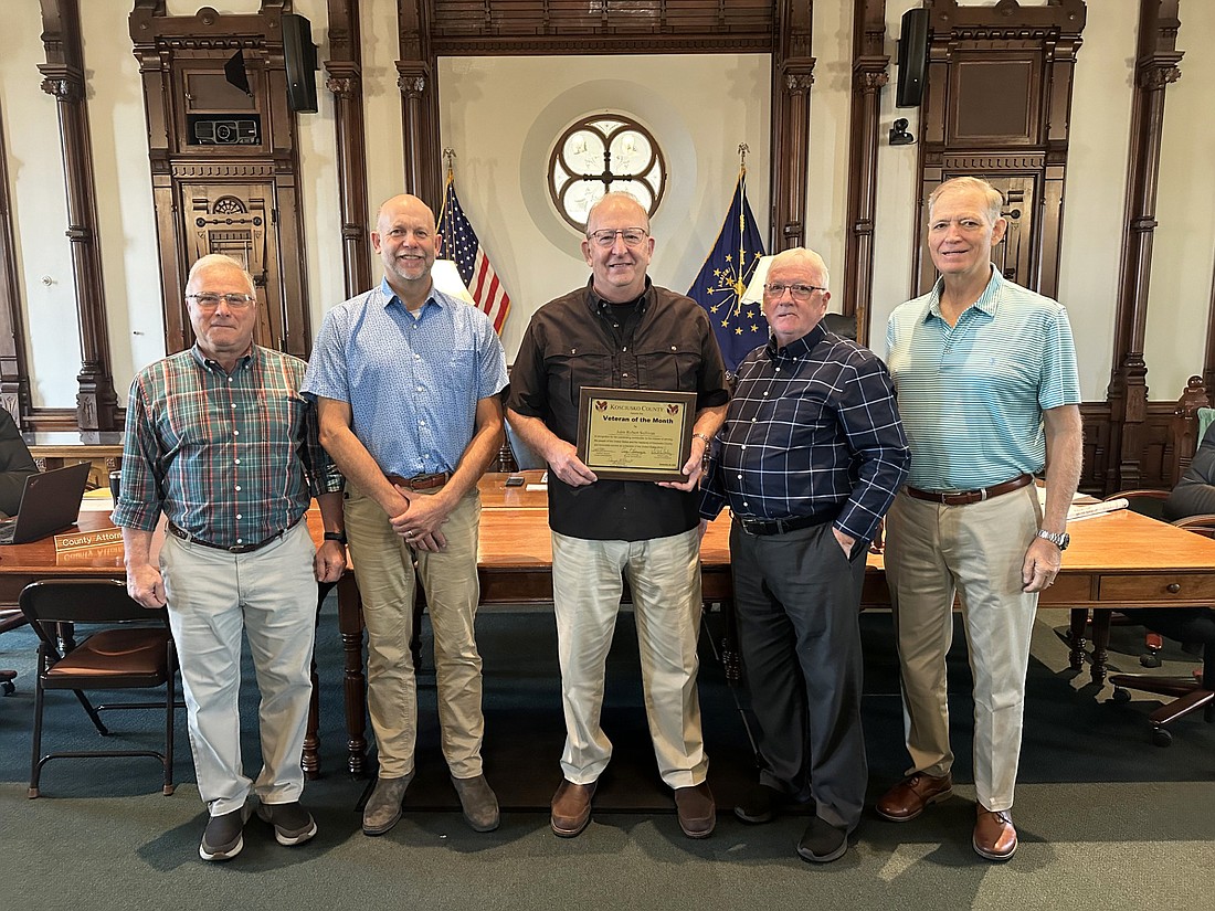 U.S. Army veteran John R. Sullivan is the September 2024 Kosciusko County Veteran of the Month. Pictured (L to R) are Darryl McDowell, county veteran service officer; Cary Groninger, county commissioner; Sullivan; Bob Conley and Brad Jackson, county commissioners. Photo by David Slone, Times-Union