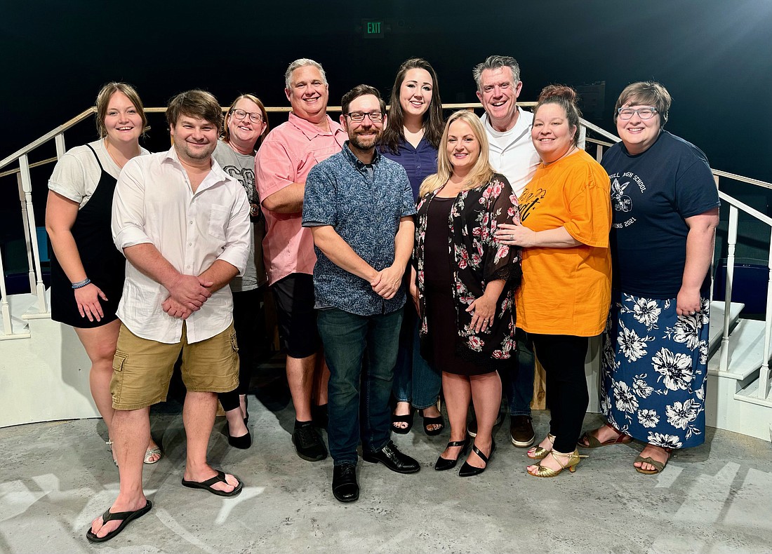 Pictured (L to R) is the cast of rumors, back row: Adriana Klein, Kathryn Anders, Chuck Brindle, Hannah Carter, Tim Davis, Ally Watkins; front row: Craig Knight, Justin Weaver, Nicole Nusbaum, Katie Aguilar-Davis. Photo by Melissa Jordan