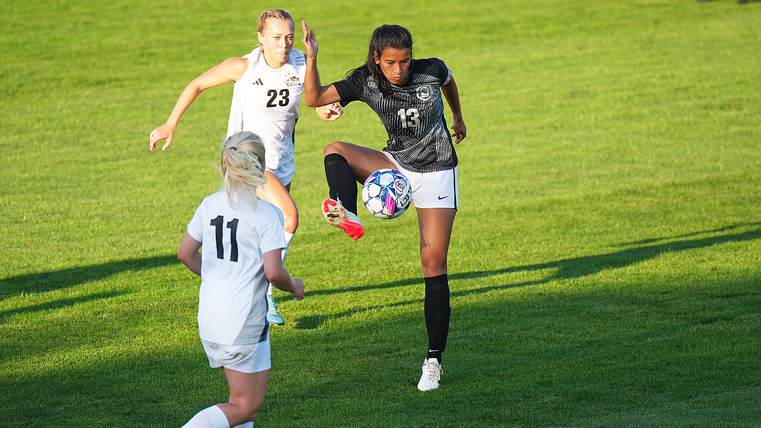 Pictured is Tori Twombly trapping a ball for Grace's women's soccer team during the team's 1-0 win over Lindsey Wilson on Wednesday.