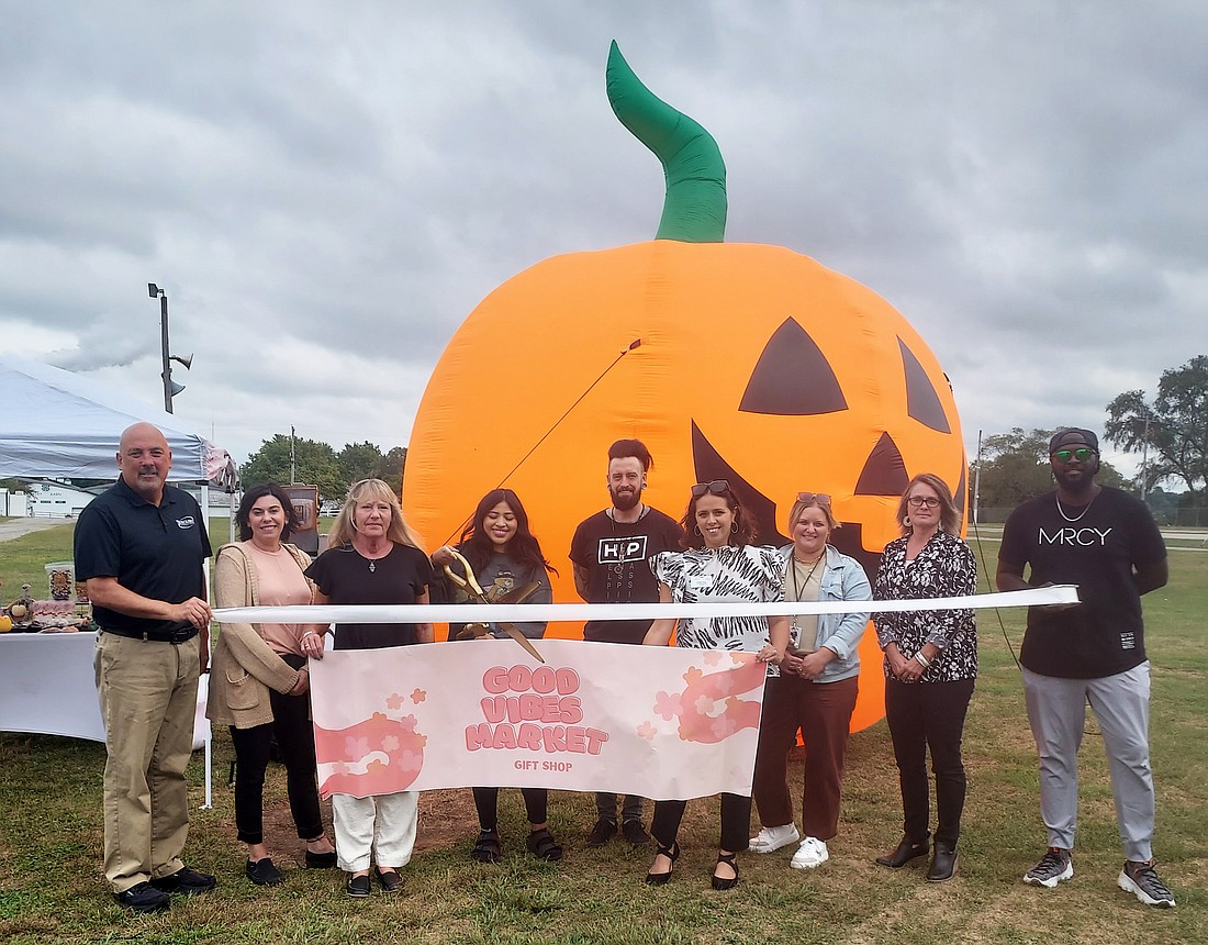 Pictured (L to R) are Scott Wiley, member relations manager at the Kosciusko Chamber of Commerce;  Chamber ambassadors Kristie Hull and Julie Heckaman; Jaqueline Velazquez, Good Vibes Market; Chamber ambassadors Nathan Underneath, Kyrié Maierle, Shelley Dobbins and Shawn Brown. Photo by Jackie Gorski, Times-Union