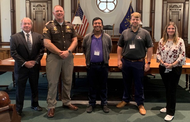 Kosciusko Leadership Academy cadets recently learned about law enforcement and the judicial system in Kosciusko County. Pictured (L to R) are Judge Chris Kehler, Kosciusko County Sheriff Jim Smith; KLA cadet JC Aguilar sponsored by Cerulean Restaurant; KLA cadet Kirbey Brewer, sponsored by Everwise Credit Union; and Casey Trombley, JCAP director. Not pictured is Warsaw Police Department Chief Scott Whitaker. Photo Provided