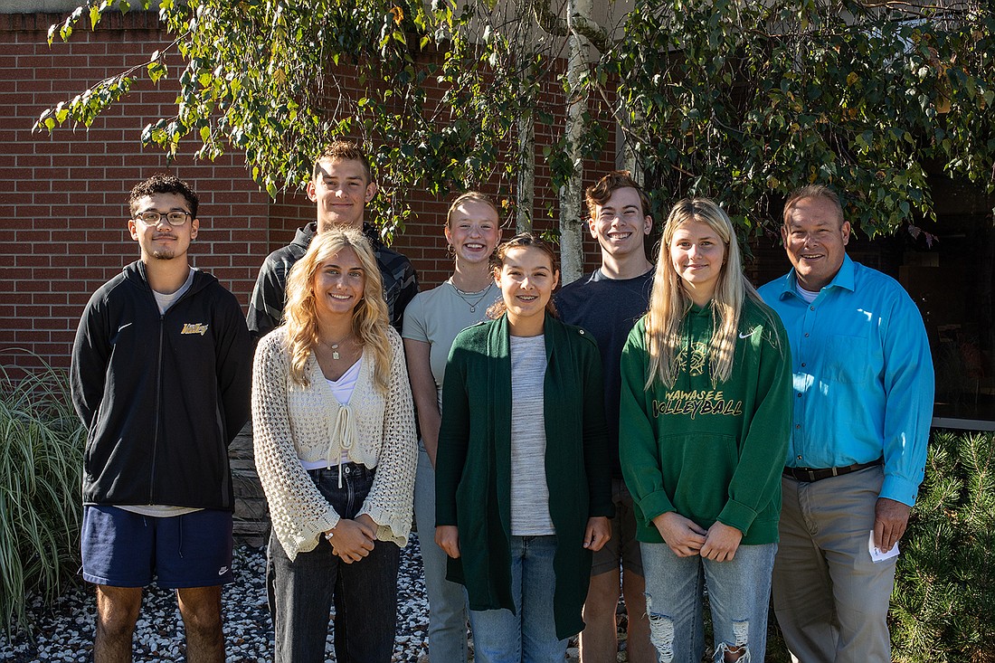 Pictured (L to R) are, front row: Sierra Hawley, Triton Junior-Senior High School; Melanie Hertzler, Warsaw Community High School; Emerson Krull; Wawasee High School; back row: Cruz Nunez, Tippecanoe Valley High School; Hayden Lechlitner, NorthWood High School; Ava Cosby, Wawasee High School/home school; Jackson Barros, Lakeland Christian Academy; Chris McKeand, KYLA moderator. Photo Provided.