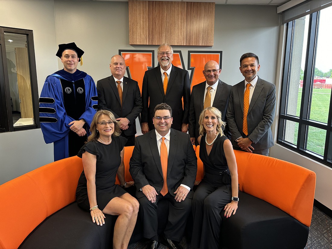 Warsaw Community Schools Superintendent Dr. David Hoffert poses with the current Warsaw School Board of Trustees. Pictured (L to R) are, front row: Elle Turley, Matt Deuel, Heather Reichenbach; back row: Hoffert, Brad Johnson, Randy Polston, Denny Duncan and Tom Westerhof. Photo Provided