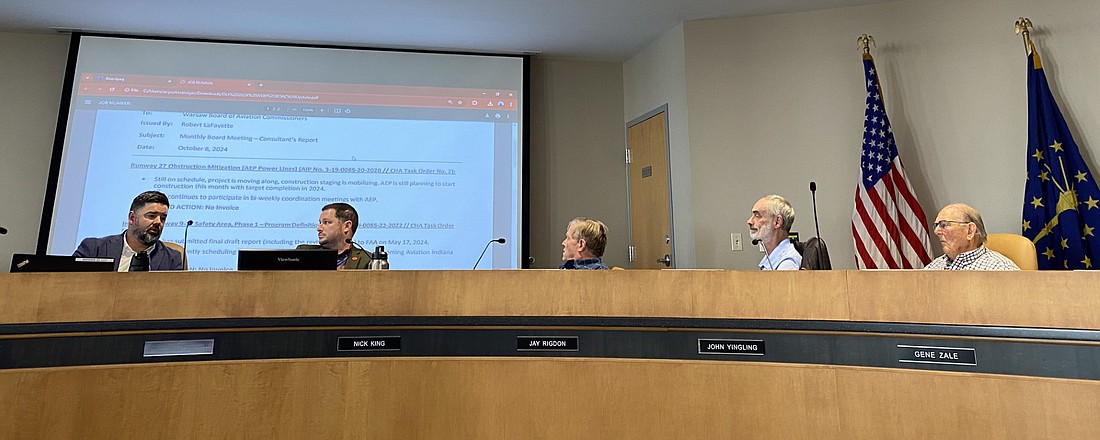 At the Warsaw Board of Aviation Commissioners' meeting on Tuesday are (L to R) CHA Consulting Inc. Deputy Project Manager Robert LaFayette; Warsaw Municipal Airport Manager Nick King and board members Jay Rigdon, John Yingling and Gene Zale. Photo by Leah Sander, InkFreeNews