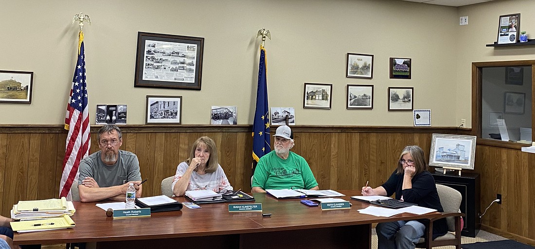 At the Etna Green Town Council meeting on Tuesday are (L to R) Town Council President Heath Roberts, Council members Susan Klinefelter and Keith Claassen; and Clerk-Treasurer Patti Cook.