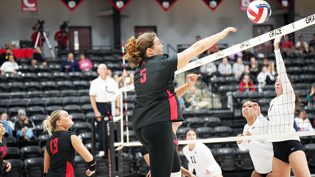 Pictured is Claire Jackson attacking the ball during Grace's sweep on Saturday