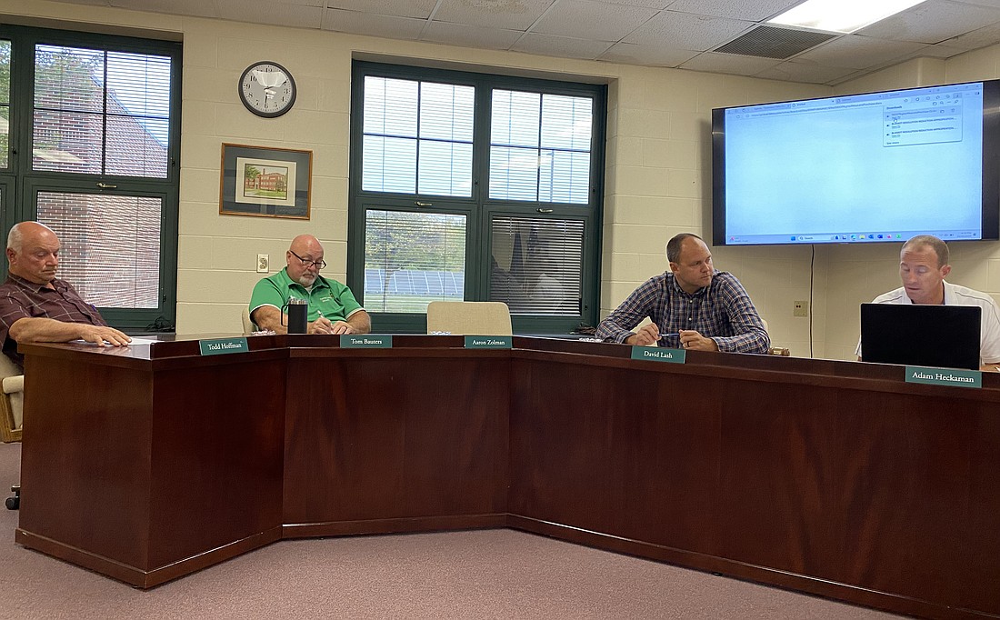 Pictured (L to R) at the Tippecanoe Valley School Board meeting on Monday are  Board members Todd Hoffman, Tom Bauters, David Lash and Adam Heckaman. Photo by Leah Sander, InkFreeNews