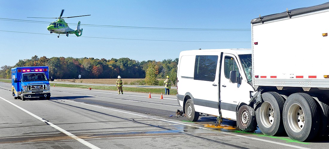 The Samaritan helicopter lands in the eastbound lane of U.S. 30, just west of the Ind. 19 intersection, after Thursday afternoon's van-semi accident. Photo by Gary Nieter, Times-Union