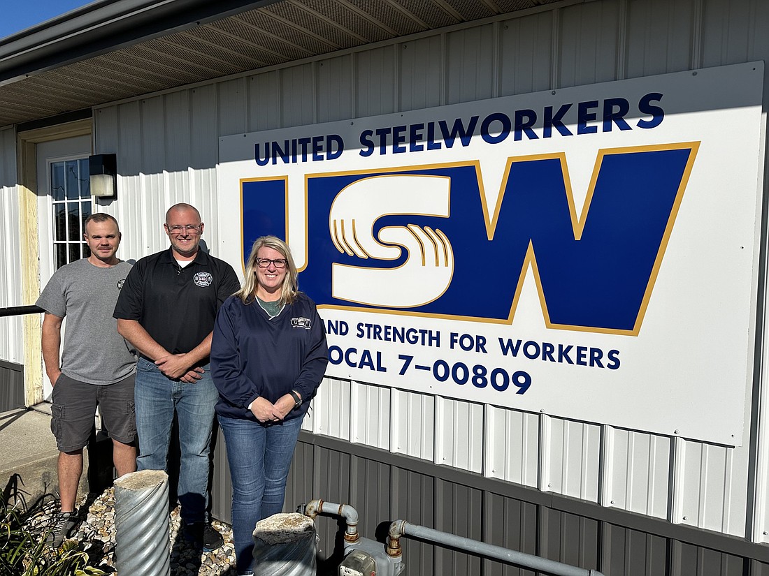 Warsaw Professional Firefighters Local 5461 and United Steelworkers Local 809 are hosting a pancake and sausage breakfast at the Shrine Building at the county fairgrounds from 7 to 10:30 a.m. Saturday, Oct. 19. Cost is a cash free-will donation. Pictured (L to R) are Drew Shilling, Local 5461 vice president; Max Kinsey, Local 5461 president; and Kristy Hooker, Local 809. Photo by David Slone, Times-Union