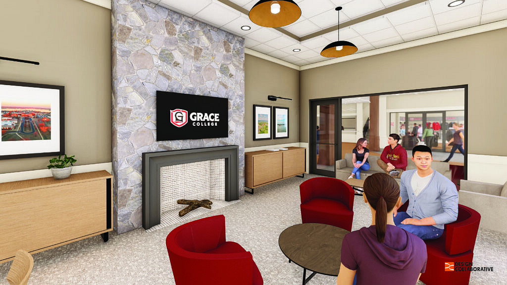 Grace College’s rendering for the new Ray ‘Butch’ and Sandra Shook Welcome Center to be located in Westminster Hall is shown. Rendering Provided