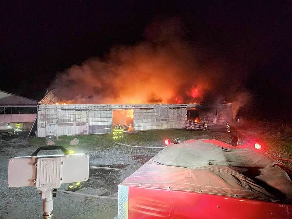 Several fire departments responded to a machinery shed fire Sunday morning. Photo provided by Mike Yazel