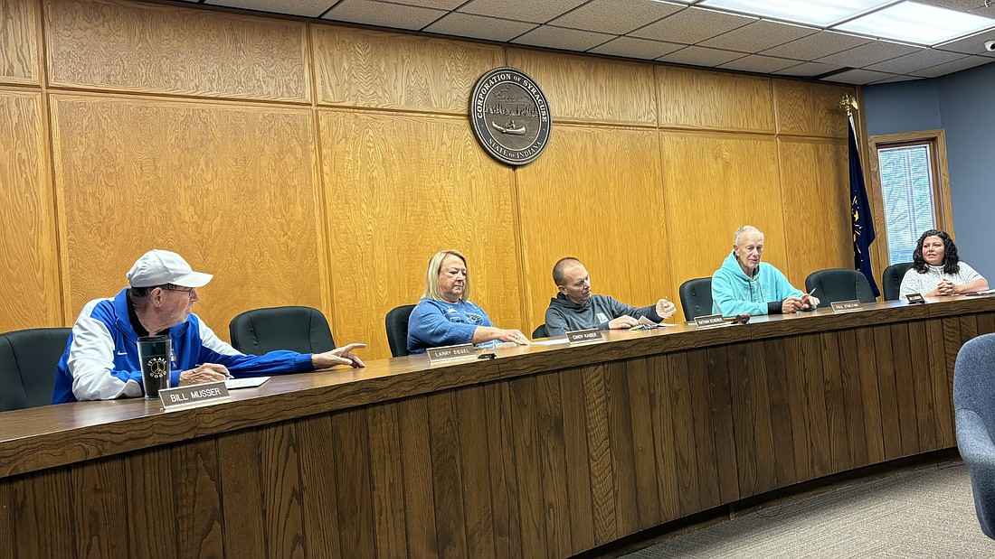 Syracuse Council members met in  a special meeting Monday morning. Pictured (L to R) are Council members Bill Musser, Cindy Kaiser, Nathan Scherer, Paul Stoelting and Clerk-Treasurer Virginia Cazier. Photo by Denise Fedorow