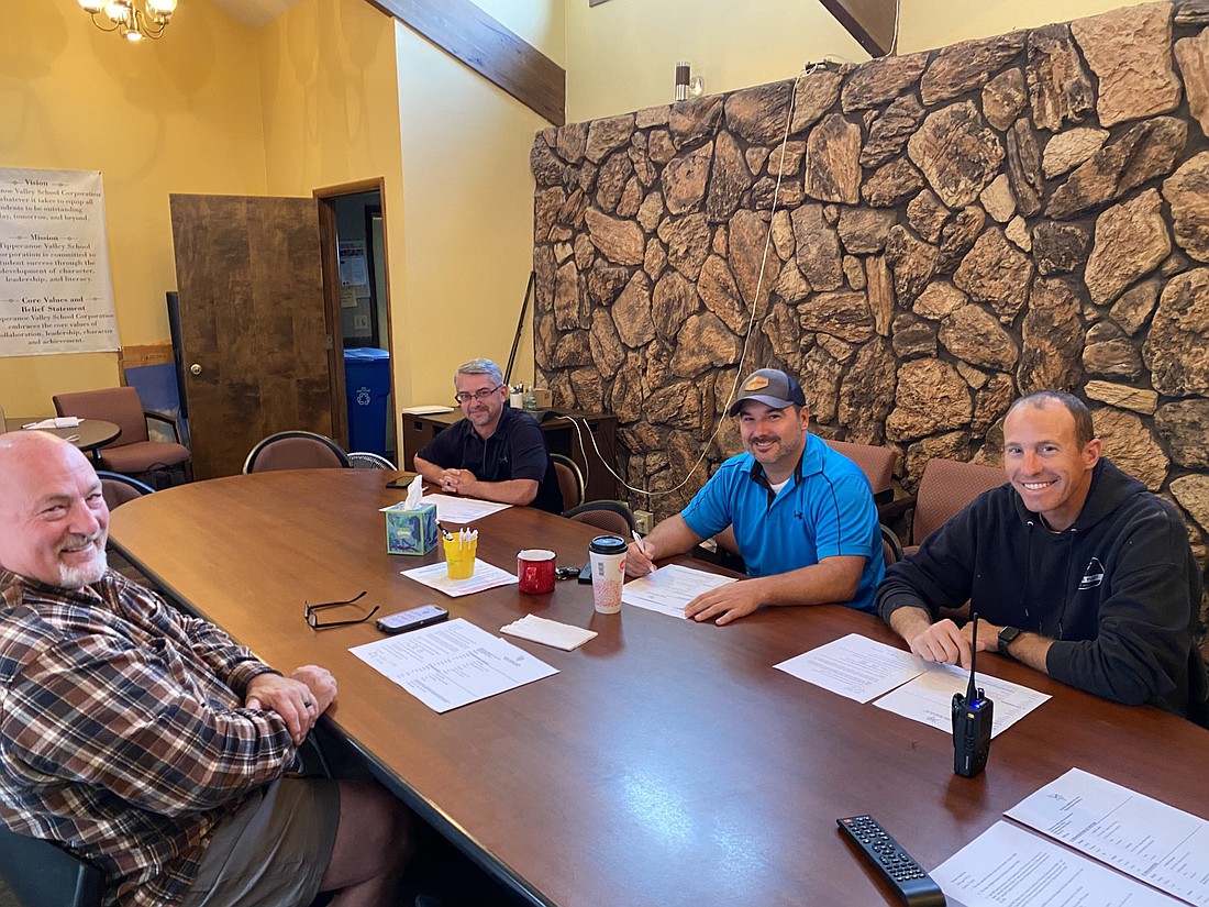 At a special Tippecanoe Valley School Board meeting on Monday are (L to R) TVSC Board Member Tom Bauters, TVSC Business Manager Eric Speicher, TVSC Board member Aaron Zolman and TVSC Board President Adam Heckaman. Photo by Leah Sander, InkFreeNews