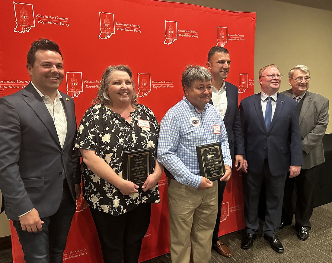 The Kosciusko County Republican Man and Woman of the Year for 2024 are North Webster Town Councilman Dan Thystrup and County Treasurer Michelle Puckett. Pictured (L to R) are GOP Indiana lieutenant governor candidate Micah Beckwith, Puckett, Thystrup, Second District U.S. Congressman Rudy Yakym, Indiana Republican Party Chairman Randy Head and Kosciusko County Republican Party Chair Mike Ragan. Photo by David Slone, Times-Union