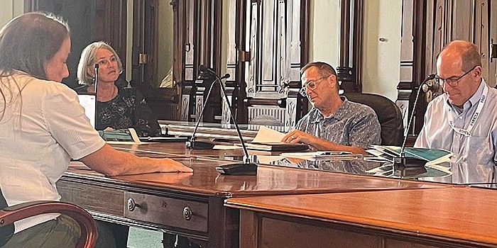 Pictured (L to R) are Katie Clark, landscape architect and project manager at Taylor Siefker Williams Design; Kosciusko County Parks and Recreation Board Vice President Aggie Sweeney, Board member Troy Turley and Board President Rob Bishop. Photo by Liz Adkins, InkFreeNews