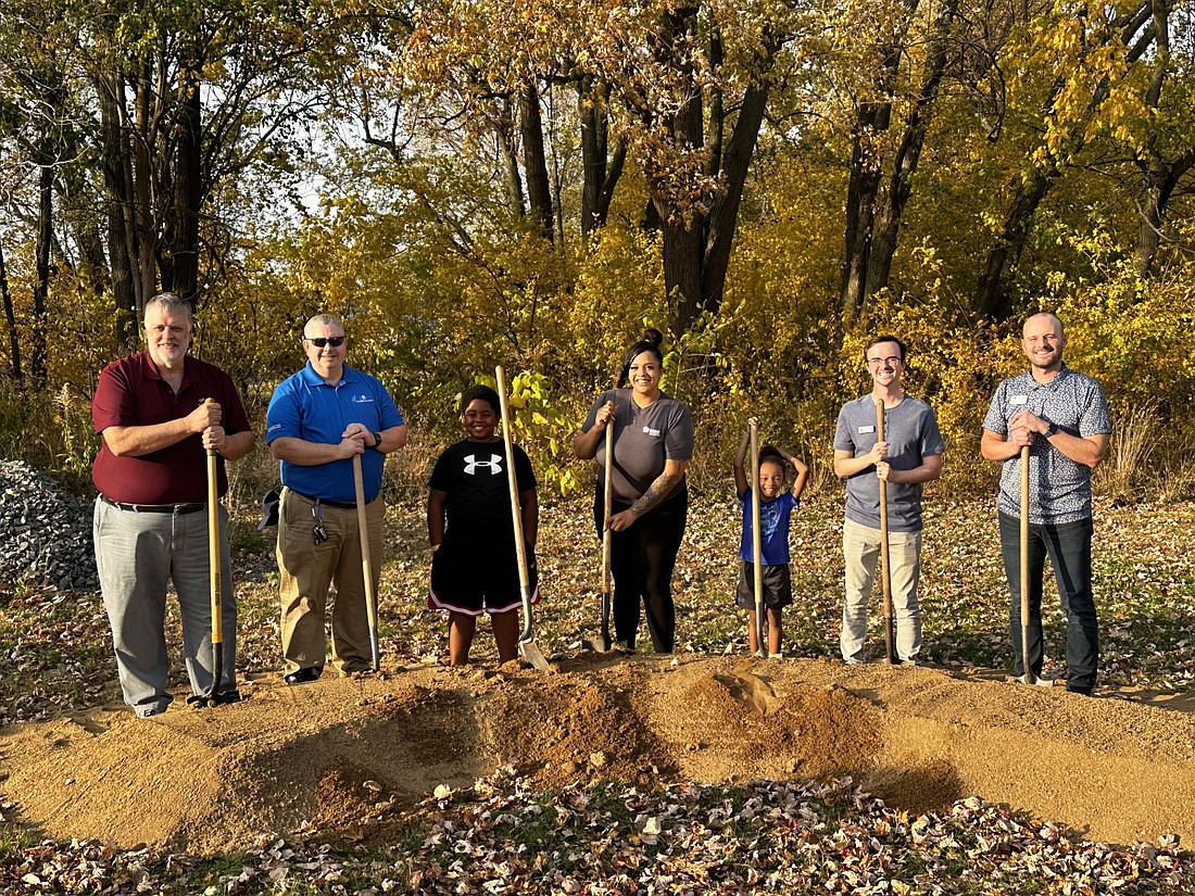 Pictured (L to R) at Wednesday’s groundbreaking ceremony for a new Habitat for Humanity of Kosciusko County home at the intersection of Ellsworth and Lyon streets, Warsaw, are Ken Locke, Salvation Army envoy; Roberto Perez-de-Frias, Zimmer Biomet, Habitat for Humanity Board of Directors president; Jy’el Mack, Brianna Adams and Jyon Mack, future homeowners; Ben Logan, Habitat for Humanity executive director; and Alex Hall, Kosciusko County Community Foundation vice president of programs. Photo by David Slone, Times-Union