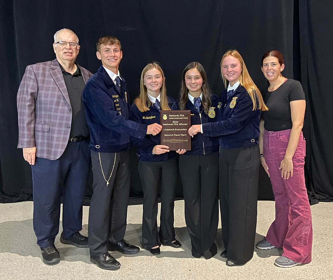 Pictured (L to R) are Whitko FFA Livestock Judging Team: coach Roger Carr, Kohen Schipper, Lillie Sickafoose, Anna Sickafoose, Carle Sroufe and coach Cari Juillerat. Photo Provided