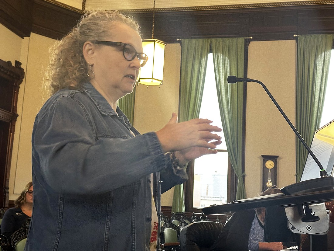 Crystal Welsh, senior urban planner with Abonmarche, gives a presentation to the Kosciusko County Commissioners on Tuesday about the CR 1300N corridor study. Photo by David Slone, Times-Union