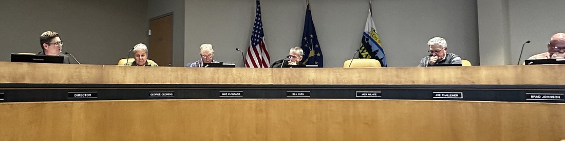 Warsaw Community and Economic Development Director Jeremy Skinner gives an explanation to the Redevelopment Commission on a resolution he asked them to approve. Pictured (L to R) are Skinner, Commission Chairman George Clemens, Vice Chairman Mike Klondaris, member Bill Curl, member Joe Thallemer and Warsaw Community Schools representative Brad Johnson. Photo by David Slone, Times-Union