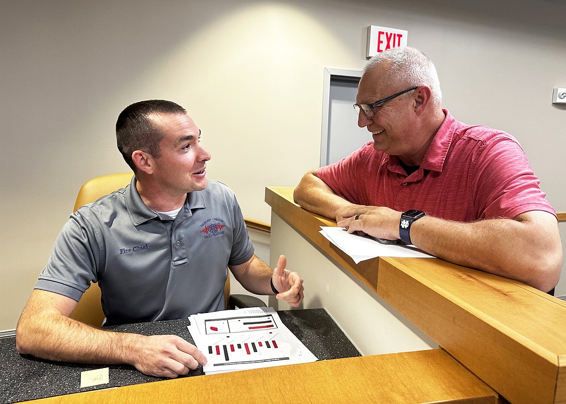 Warsaw-Wayne Fire Territory Chief Joel Shilling (L) speaks with Warsaw Human Resource Director Denny Harlan (R) after Wednesday’s WWFT Board meeting at City Hall. Photo by David Slone, Times-Union