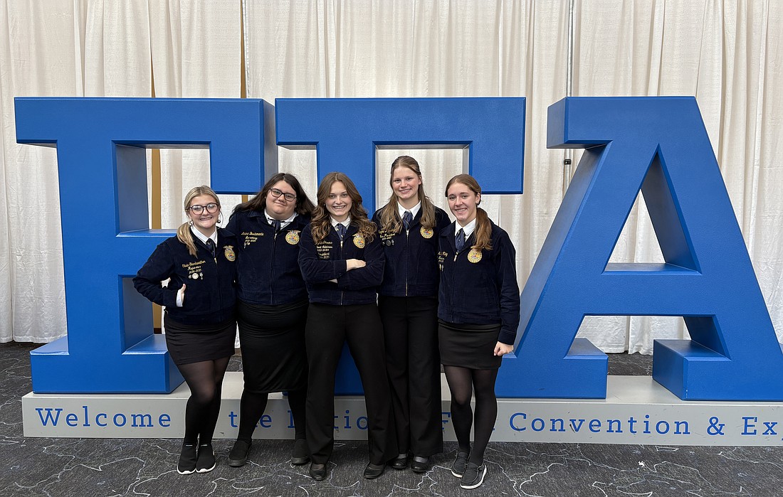 Pictured (L to R) are 2024-2025 Warsaw FFA officers Olivia Starkweather, reporter; Ariana Bustamante, secretary; Kaytlin Skeans, president; Alayna Alexander, vice president; and Makayla Riley, treasurer. Photo Provided.