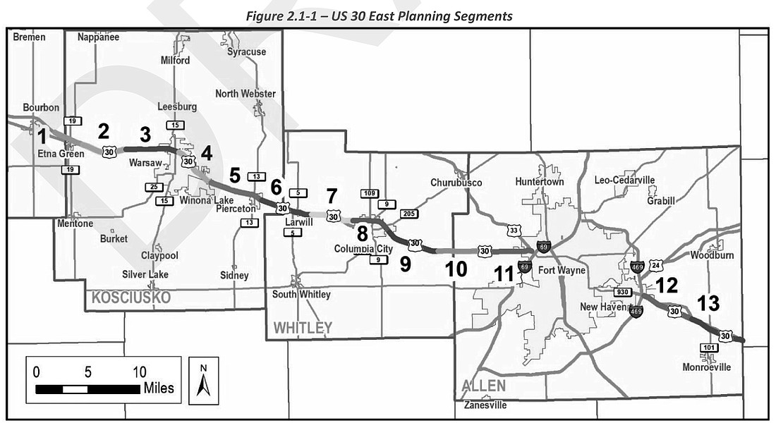 The U.S. 30 East planning segments from the ProPEL U.S. 30 draft Level 3 Screening Report are shown. Map Provided.