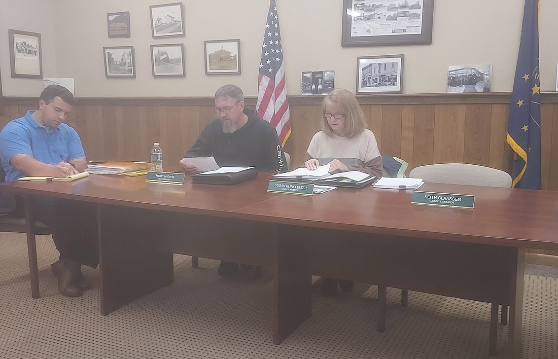 Pictured (L to R) are Etna Green town attorney Nick Jacobs and Town Council members Heath Roberts and Susan Klinefelter. Photo by Jackie Gorski, Times-Union