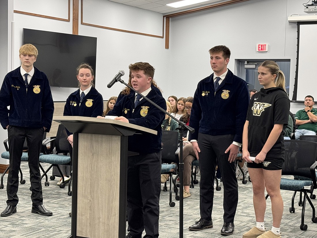 President Lucas Wilkinson, and several other officers of Wawasee FFA, went before the board to show what they have done with the support the board has shown them. The 53 members of Wawasee FFA have completed 1,484 community service hours. Wawasee FFA helps with projects throughout the community. Pictured (L to R) are Carter Grady, Jazlyn Weimer, Coltin Bucher and Emerson Krull. Photo by Marissa Sweatland, InkFreeNews