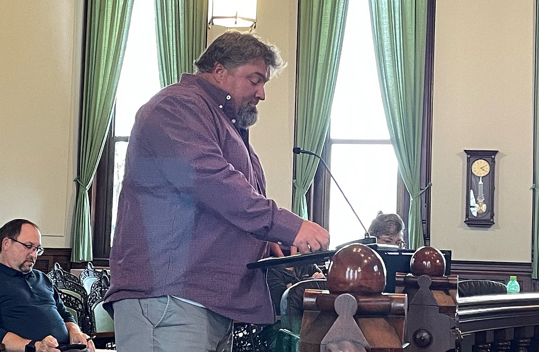 Kosciusko County Highway Superintendent Steve Moriarty discusses a highway project at the County Redevelopment Commission meeting Thursday. Photo by Madison Hart, InkFreeNews