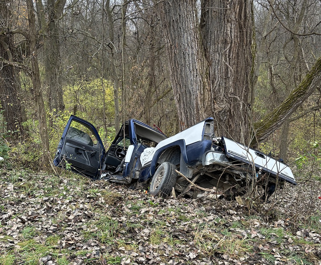 A North Webster man was killed in this one-vehicle accident this morning on Old 30, approximately 220 feet east of Old Trail Road in Washington Township. Photo provided by Kosciusko County Sheriff's Office.