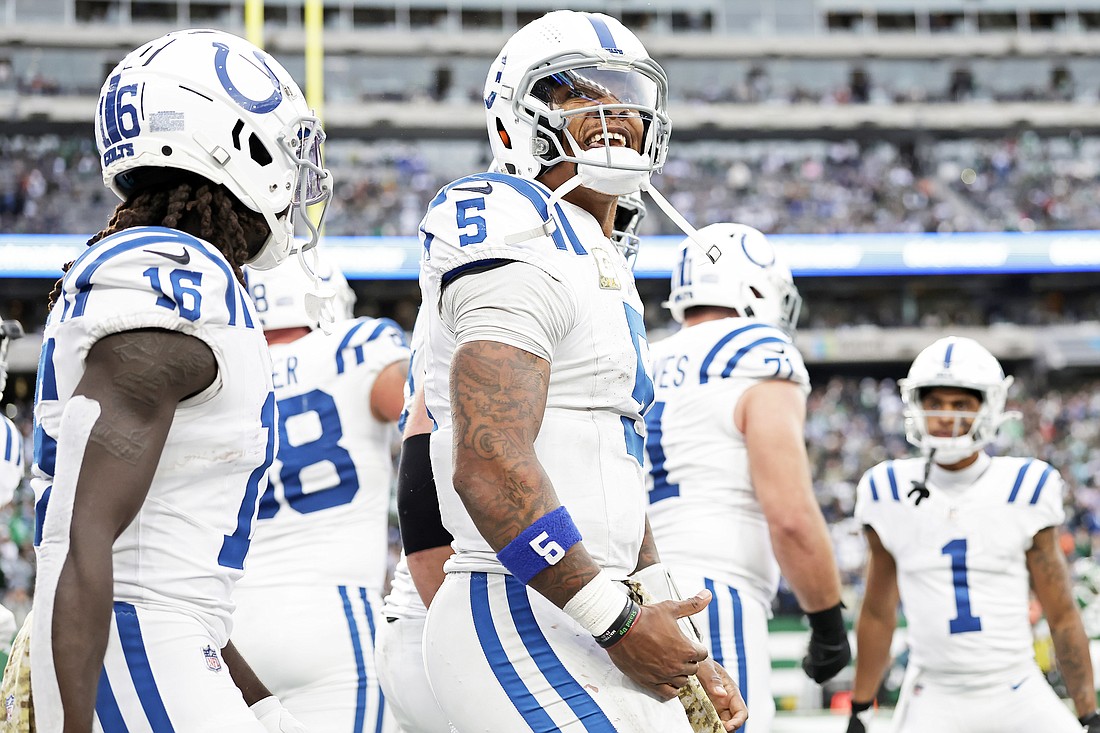 Indianapolis Colts quarterback Anthony Richardson (5) reacts after scoring a touchdown during an NFL football game against the New York Jets Sunday, Nov. 17, 2024, in East Rutherford, N.J. The Colts won 28-27. (AP Photo/Adam Hunger)