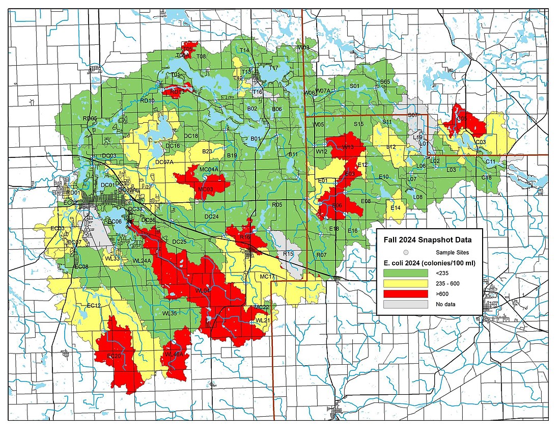 This map shows levels of E. coli bacteria found in water samples from across the watershed. The samples were taken on Sept. 19. Photo Provided.