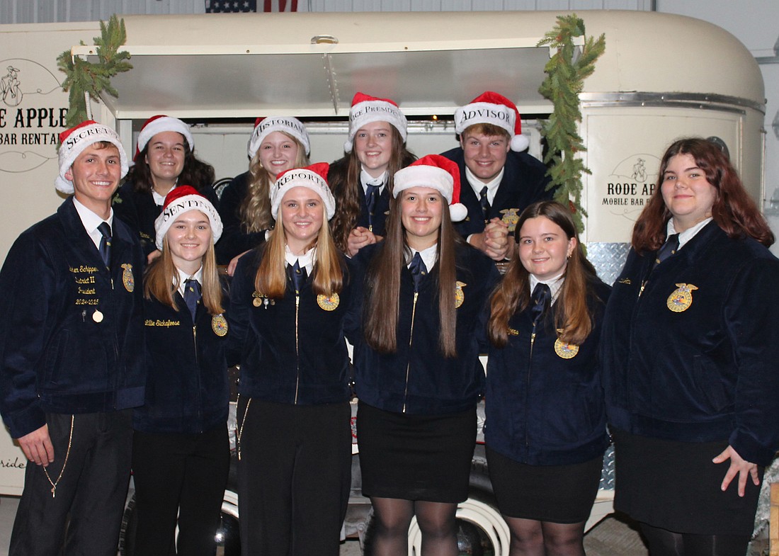 Whitko FFA members Kohen Schipper, Lillie Sickafoose, Carle Sroufe, Sophie Keener, Marissa Rodgers, Natalie Johns, Hannah Thomas, Holly Branning, Amy Brown and Isaac Irwin gather by the hot drink bar. Photo Provided